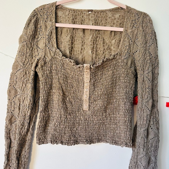 Free People Confection Brown Taupe Long Sleeve Blouse Top L - Picture 3 of 7